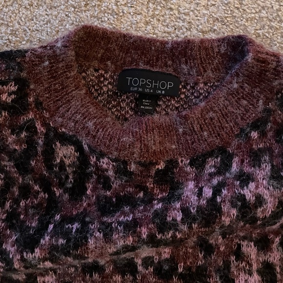 Topshop leopard animal print purple black crew neck sweater 3/4 sleeves XS/Small - Picture 4 of 5